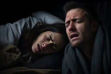 A man and a woman experiencing a terrifying nightmare while sleeping in bed at night. The eerie atmosphere intensifies the fear as haunting images haunt their dreams. - obrazy, fototapety, plakaty