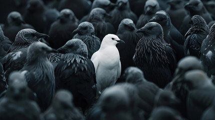 Standing out from the crowd white bird standing, man black birds, Generative Ai 