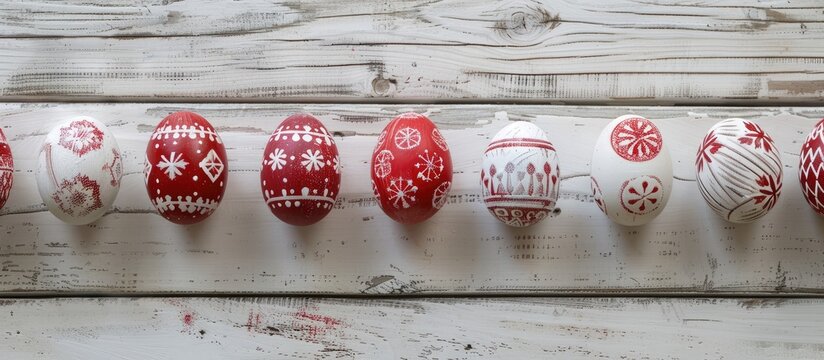 A lineup of Easter eggs dyed with handmade wax in red and white colors, displayed in a Ukrainian pysanka frame on a white wooden background with space for text.