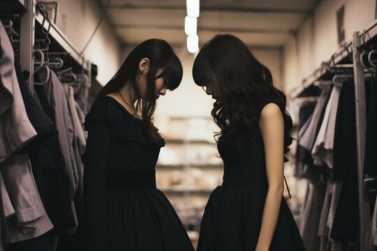 The two women are both wearing black dresses and have their heads turned towards each other. They are surrounded by racks of clothing and appear to be shopping for clothes.