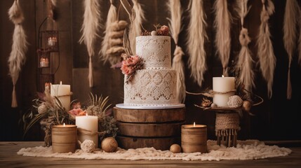 Boho Cake Embrace a free-spirited vibe with natural elements like macrame details, dried flowers, and earthy tones.
