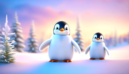 A 3D rendered image of a baby penguin in a snowy, windy winter scene