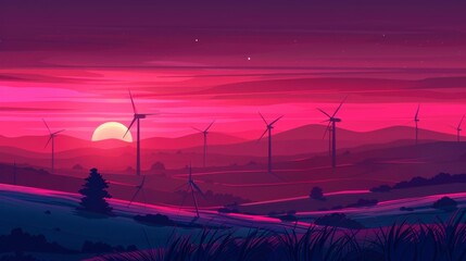 A vibrant sunset over a wind farm with turbines spinning and generating renewable energy. . . - obrazy, fototapety, plakaty