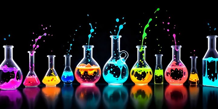 Flasks with colored and glowing liquids, splashes, black background, science, 3D render