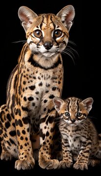 Male margay and kitten portrait with ample space on left for text, object on right side