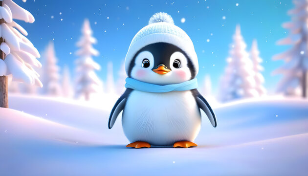 A 3D rendered image of a baby penguin wearing hat in a snowy winter scene