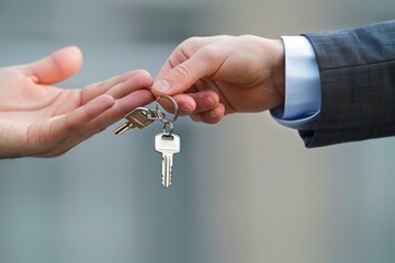 Real estate agent handing over keys to new homeowner, property sale and ownership transfer concept