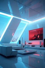 Futuristic living room interior with blue and red neon lights and large windows