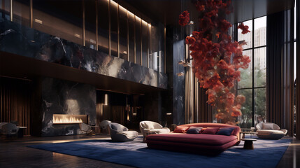 Luxury penthouse living room with red velvet sofa, marble walls and a modern fireplace - obrazy, fototapety, plakaty