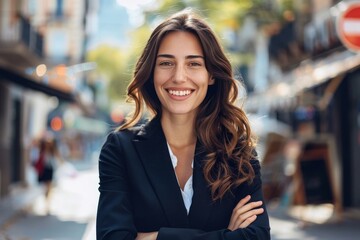 Fototapeta premium Confident professional business woman outdoors, smiling female entrepreneur with crossed arms