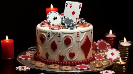 Casino night cake with edible poker chips, dice, and candles shaped like playing cards.