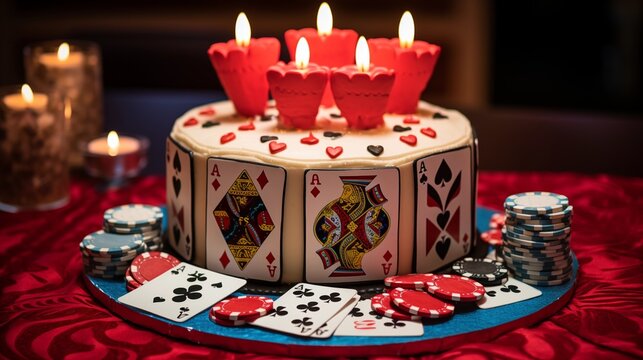 Casino night cake with edible poker chips, dice, and candles shaped like playing cards. - Powered by Adobe