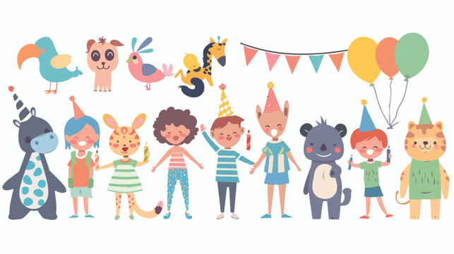 Set of cute Cartoon animals and kids for happy birthday