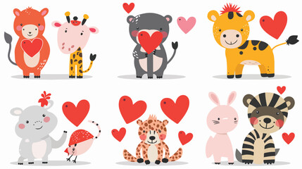 Set of cute Cartoon animals with red hearts