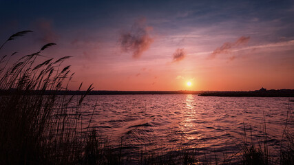 Warm sunset in pink-red colors on the pond