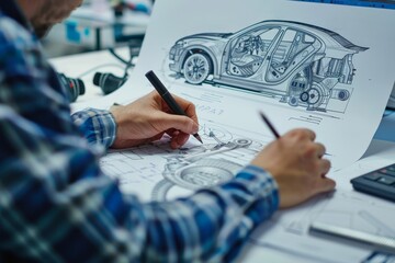 Design engineer creating detailed car part drawing in automotive industry - obrazy, fototapety, plakaty