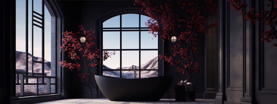 Black bathtub in a dark bathroom with pink trees and mountain view, 3D rendering