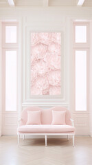 ornate pink sofa in a bright room with large windows and a pink flower painting