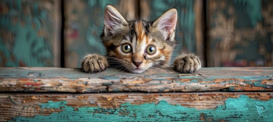 Curious tabby kitten peeking with paws up over blue wooden background, copy space