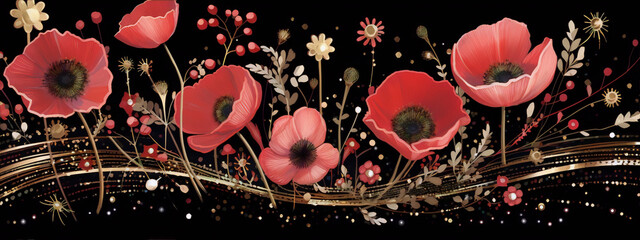 Red poppies and golden elements on a black background, in a realistic style, suitable for art deco and nouveau interior or exterior spaces.