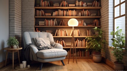 a cozy reading nook with a comfortable chair and bookshelves - obrazy, fototapety, plakaty