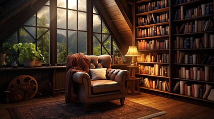 a cozy reading nook with a comfortable chair and bookshelves - obrazy, fototapety, plakaty