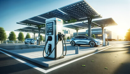 Eco-Friendly Future: Solar-Powered Electric Vehicle Charging Station - obrazy, fototapety, plakaty