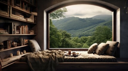 a cozy reading nook with a window seat overlooking a scenic landscape - obrazy, fototapety, plakaty