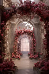 Fototapeta na wymiar Pink flowers archway in a white classical interior, pink and white color, 3D rendering, interior design, romantic