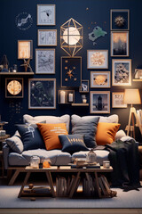 Cozy navy blue and orange living room gallery wall autumn decor.
