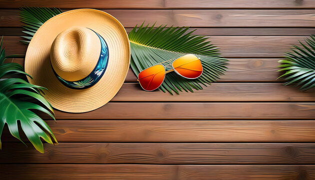 A flat lay composition of a straw hat, sunglasses and palm tree leaves on a wooden planks