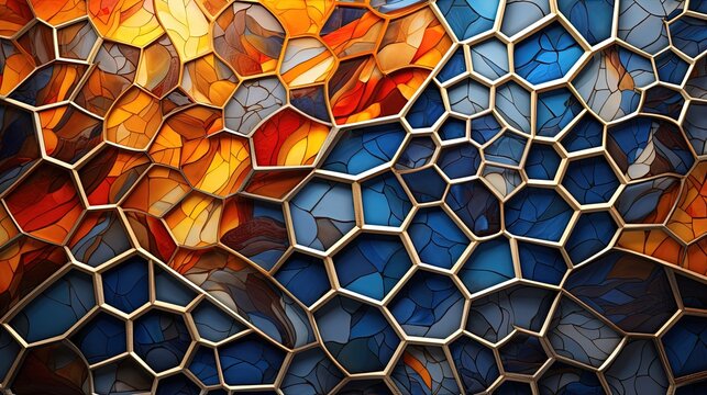 mosaic of interlocking polygons with intricate patterns