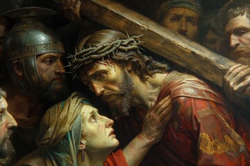 Fototapeta premium Jesus Christ carries heavy cross through city: emotive scene with nearby crowd, evoking profound religious emotions and themes from the bible, central to christianity and its teachings