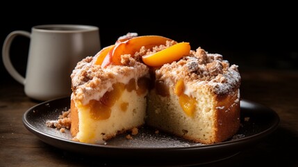 Coffee cake with a sliced peach baked into the center.