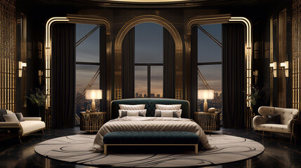 Art deco luxury bedroom interior with dark walls, golden elements, and a large bed