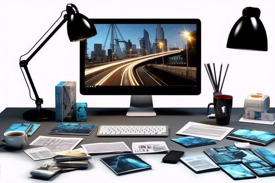 Work desk with computer, lamp, books, coffee cup and supplies in home office interior, blue and grey colors, photography