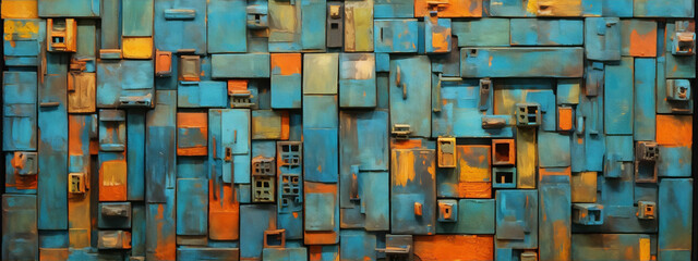 Blue and orange wooden blocks with various patterns and textures create a 3D wall sculpture with an urban and contemporary style. - obrazy, fototapety, plakaty