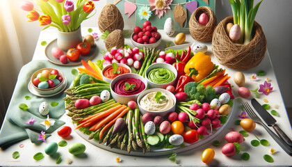 Fototapeta na wymiar Vibrant Easter Feast of Fresh Vegetables and Dips