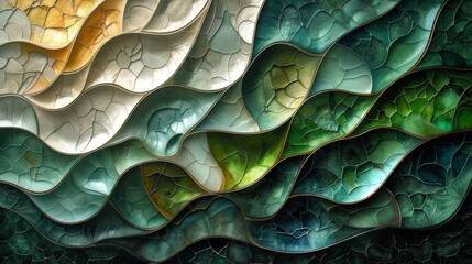 A captivating wall feature of wavy mosaic patterns with textured surfaces in soothing earthy green and neutral tones.
