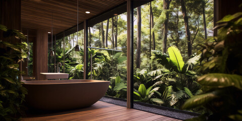 Bathroom interior with large windows and tropical forest view, natural colors, 3D rendering