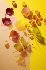 Colorful autumn leaves and branches on a yellow and pink background, still life, art, photography