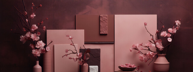 Pink and brown still life with cherry blossoms in vases and bowls, with a dark red background.