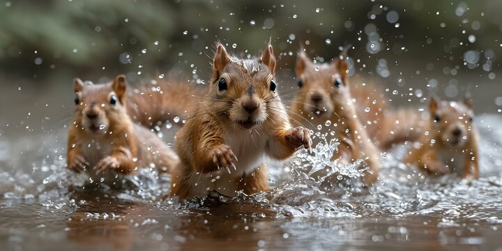 Closeup of squirrels playing with colorful water guns surrounded by droplets of water creating a humorous scene. Concept Wildlife Humor, Squirrel Playtime, Closeup Photography, Colorful Water Guns