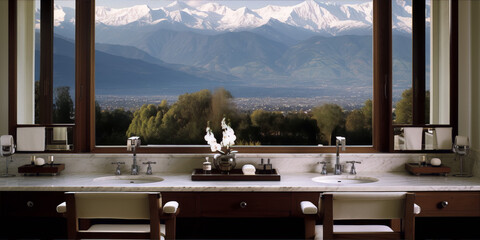 Bathroom interior with a view of the mountains, featuring two sinks, a large window, and a marble countertop.
