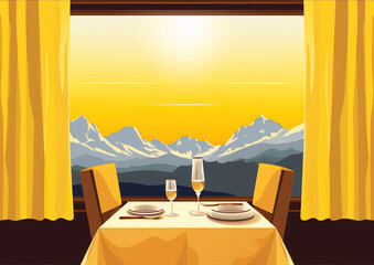 Fine dining restaurant interior with a view of snow-capped mountains, in art deco style.