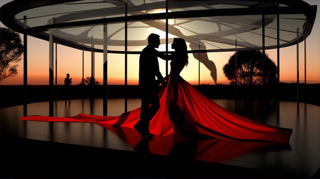Silhouettes of a couple dancing in a modern glass pavilion with a sunset in the background, red fabric on the floor, and a man taking pictures in the background