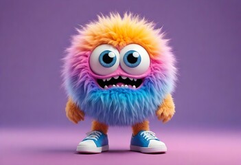 An adorable CGI monster with bulky tennis shoes and big adorable eyes. Multi-colored fur. - obrazy, fototapety, plakaty