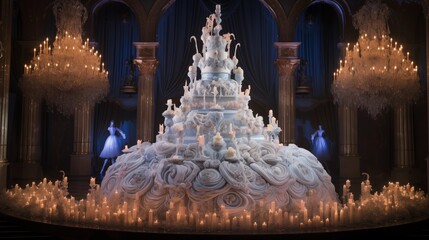 Fairy tale ballroom cake with edible chandeliers, dancers, and candles shaped like ball gowns.