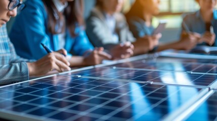 A diverse group of individuals including scientists engineers and investors gathered around a table discussing plans for new solar . .