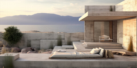 Obraz premium Serene coastal minimalist architecture beige concrete modern design tranquility summer vacation. 